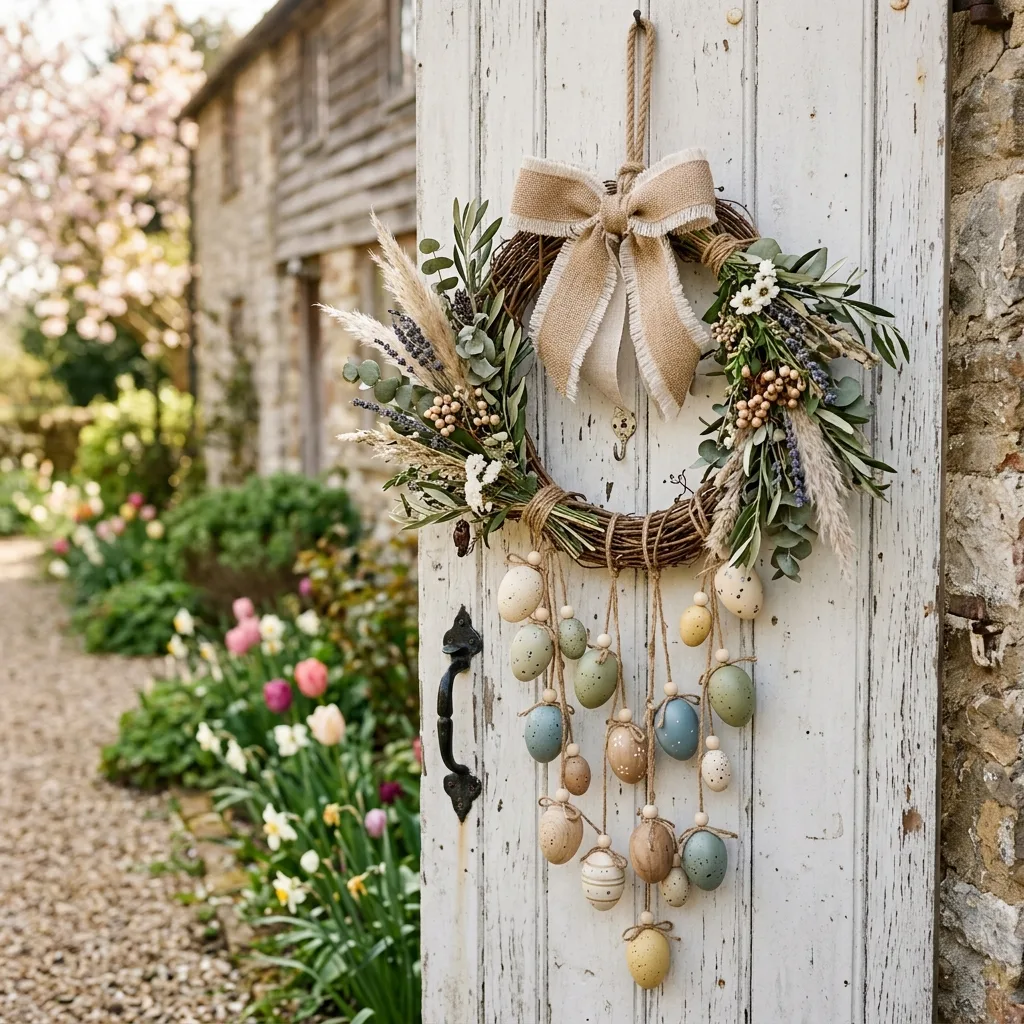 Farmhouse wreath made with hanging egg garland and twine